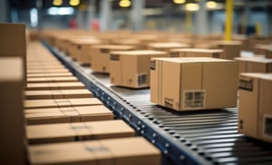 Mehrere Kartons auf einem Förderband in einer Lagerhalle.