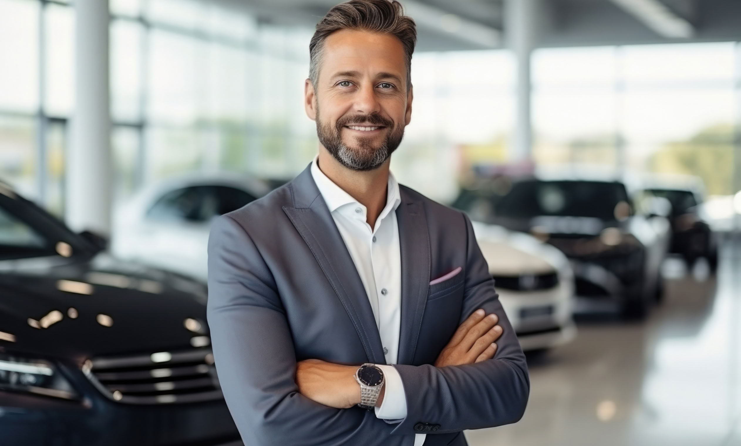 Ein lächelnder Mann in einem Anzug steht mit verschränkten Armen in einem Autohaus, umgeben von mehreren Autos.