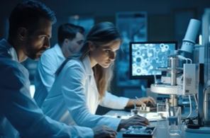 Drei Personen in weißen Laborkitteln arbeiten in einem Labor mit Mikroskopen und Computern.